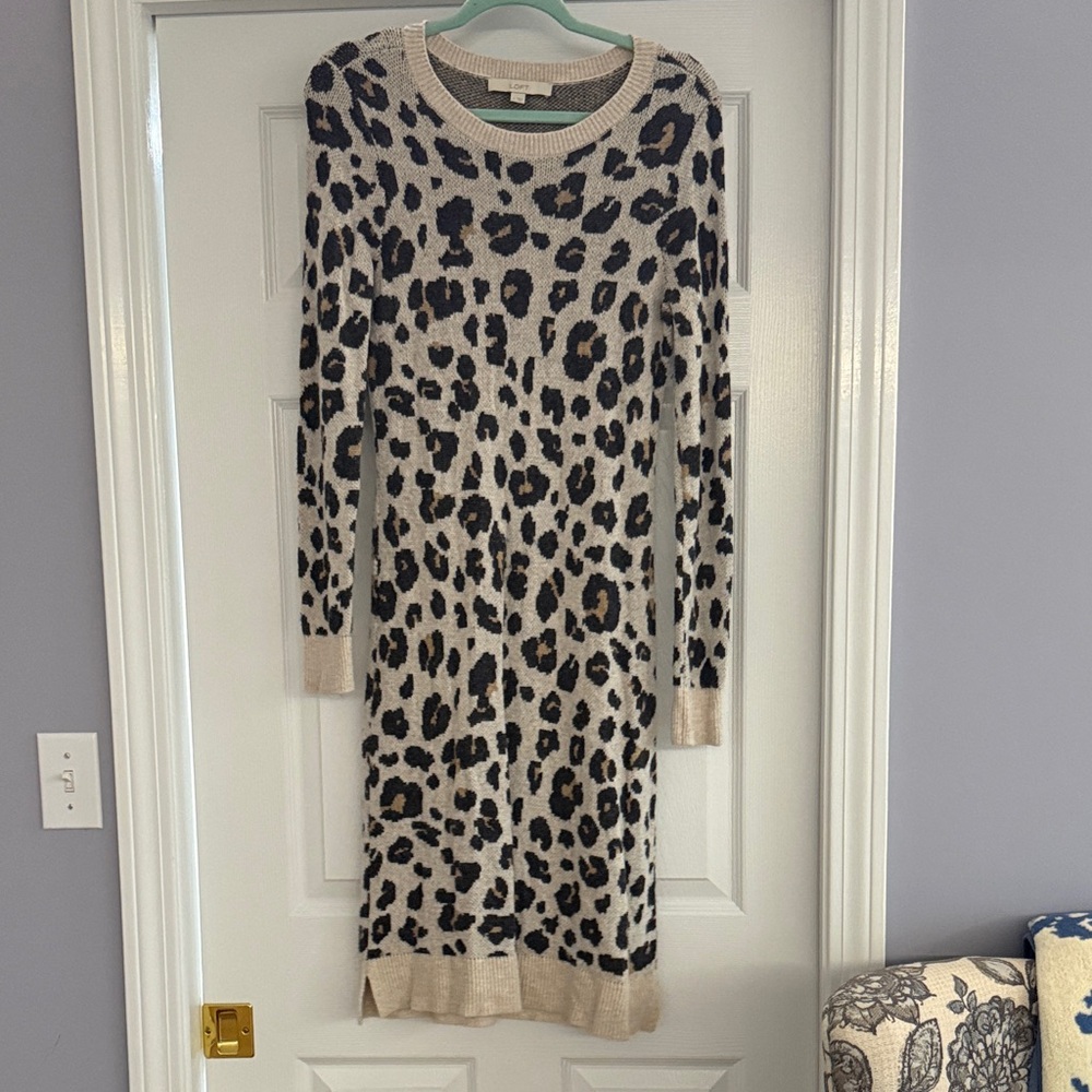 LOFT Leopard Print Long Sleeve Dress - Black and Cream